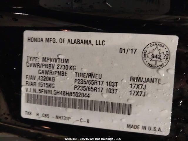 Honda j35z8 2017 5FNRL5H48HB502044 Image 19