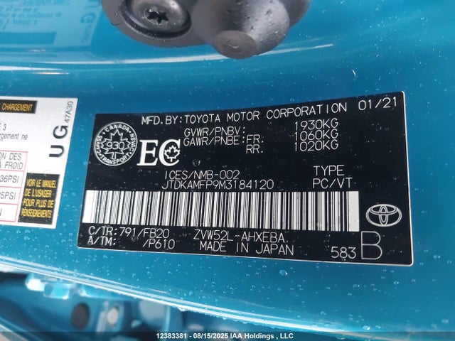 JTDKAMFP9M3184120 Toyota 2zr-fxe, 1nm+1sm