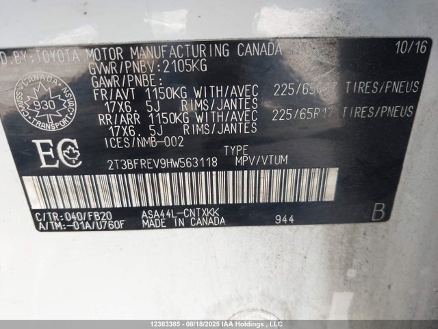 Toyota 2ar-fe 2017 2T3BFREV9HW563118 Image 9