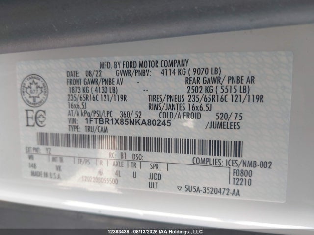 Ford 3.5l v6 cyclone 2022 1FTBR1X85NKA80245 Image 9