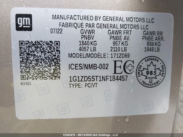 1G1ZD5ST1NF184457 Chevrolet lfv - direct injection, variable valve timing, gen 1 gmna
