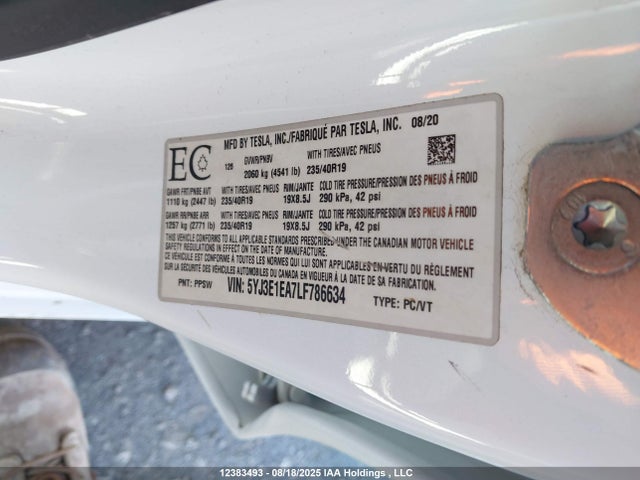 5YJ3E1EA7LF786634 Tesla MODEL 3