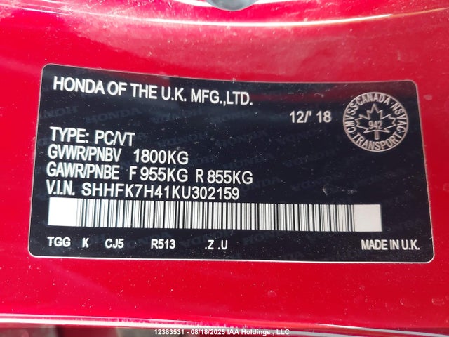 Honda l15ba 2019 SHHFK7H41KU302159 Image 9