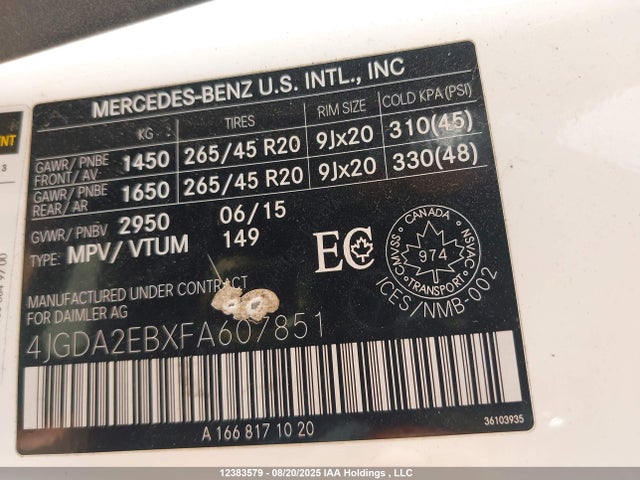 Mercedes-Benz Ml-Class 2015 4JGDA2EBXFA607851 Image 9