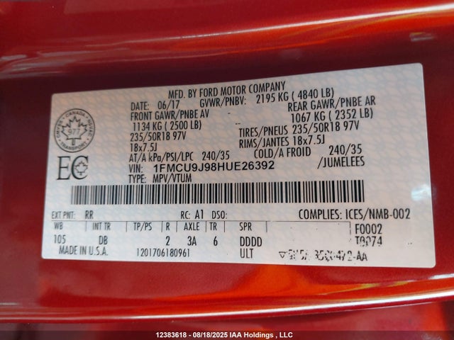 1FMCU9J98HUE26392 Ford Escape