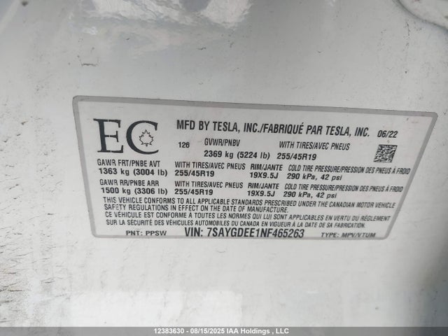 7SAYGDEE1NF465263 Tesla Model Y