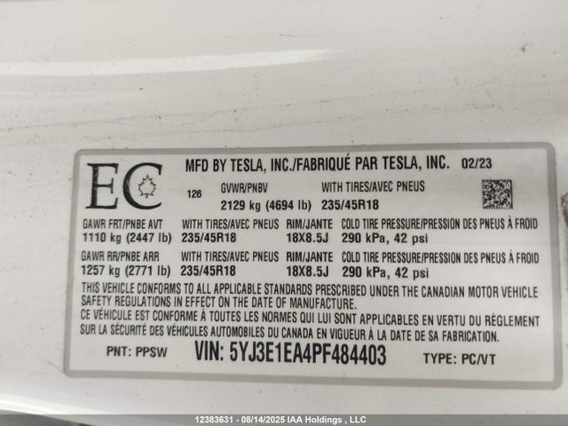Tesla MODEL 3 2023 5YJ3E1EA4PF484403 Image 9