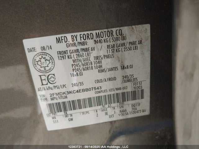 Ford Edge 2014 2FMDK3KC4EBB07543 Image 9
