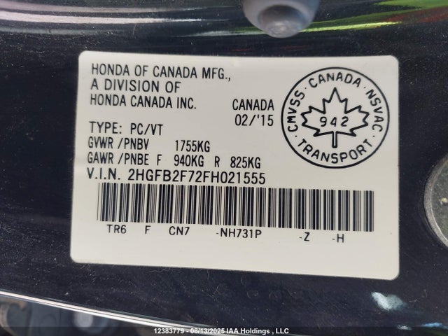 Honda r18z1 2015 2HGFB2F72FH021555 Image 9