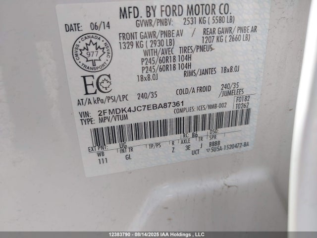 Ford Edge 2014 2FMDK4JC7EBA87361 Image 9