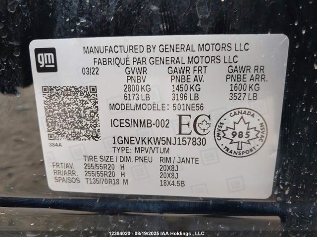 1GNEVKKW5NJ157830 Chevrolet lfy