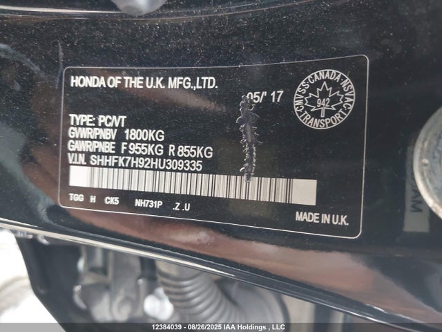 SHHFK7H92HU309335 Honda l15ba