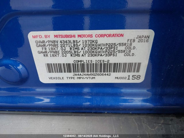 JA4AJ4AW9GZ606442 Mitsubishi dohc mivec