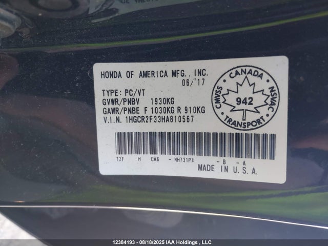 1HGCR2F33HA810567 Honda k24w1