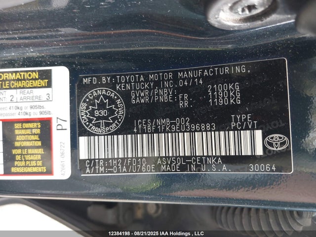 4T1BF1FK9EU396883 Toyota 2ar-fe