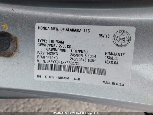 Honda j35y6 2019 5FPYK3F1XKB502721 Image 9