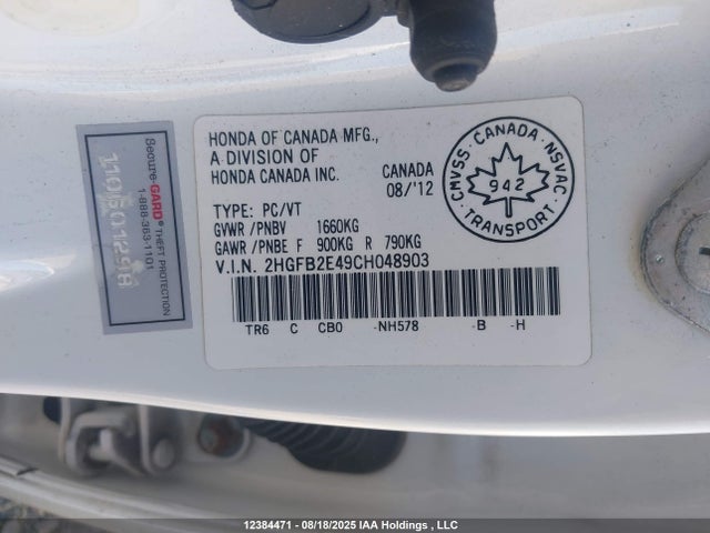 Aukcja sprzedaży 2012 Honda Civic Lx, vin: 2HGFB2E49CH048903, numer aukcji: 12384471