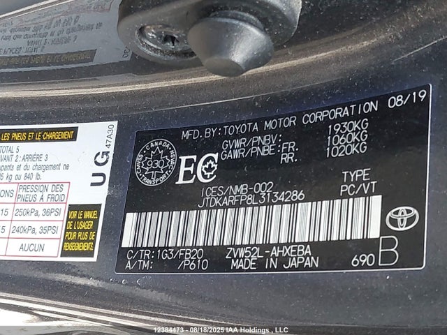 JTDKARFP8L3134286 Toyota 2zr-fxe+1nm+1sm