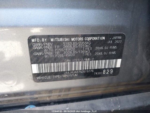 JA4J4UA87NZ619776 Mitsubishi Outlander