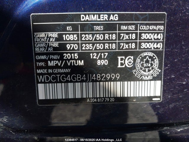 WDCTG4GB4JJ482999 Mercedes-Benz 270