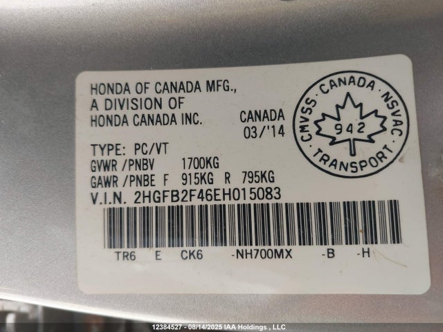 Honda r18z1 2014 2HGFB2F46EH015083 Image 9