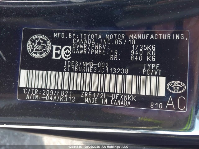 Toyota 2zr-fe 2018 2T1BURHE3JC113238 Image 9