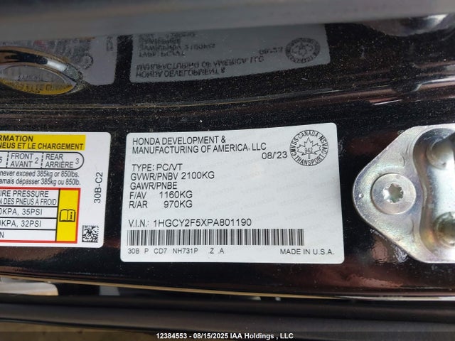 1HGCY2F5XPA801190 Honda lfc5