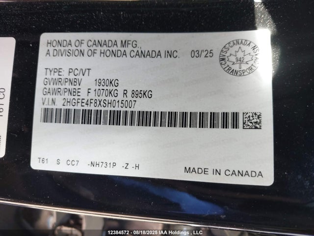 Продаж на аукціоні авто 2025 Honda Civic Hybrid Sport/sport Touring, vin: 2HGFE4F8XSH015007, номер лоту: 12384572
