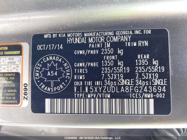 5XYZUDLA8FG243694 Hyundai dohc t-gdi theta-ii