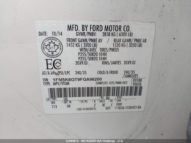 1FM5K8GT9FGA98200 Ford Explorer