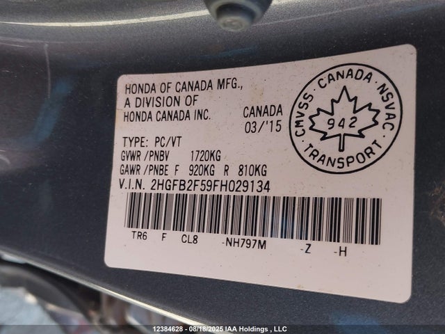 Honda r18z1 2015 2HGFB2F59FH029134 Image 9