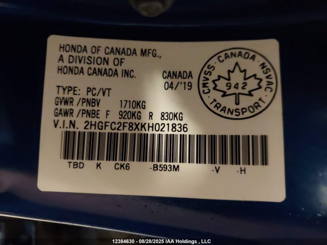 Honda k20c2 2019 2HGFC2F8XKH021836 Image 9
