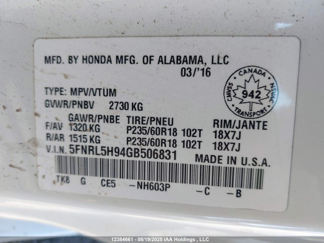 5FNRL5H94GB506831 Honda j35z8