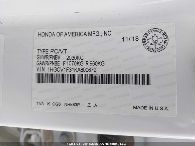 1HGCV1F31KA800679 Honda l15be