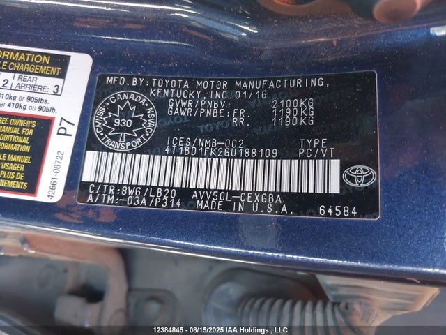 Toyota 2ar-fxe+2jm 2016 4T1BD1FK2GU188109 Image 19