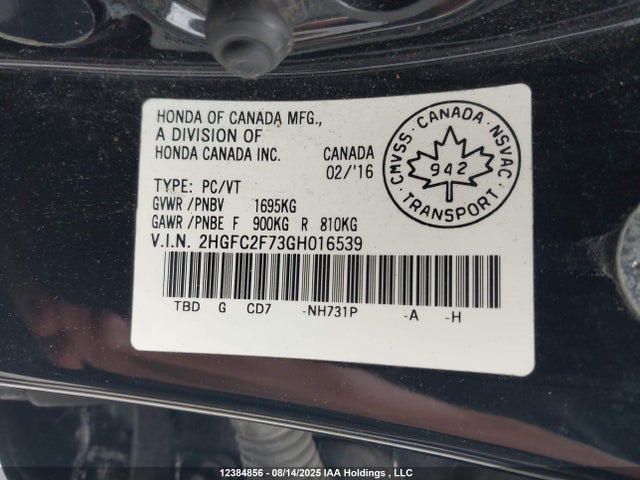 Aukcja sprzedaży 2016 Honda Civic Sedan, vin: 2HGFC2F73GH016539, numer aukcji: 12384856