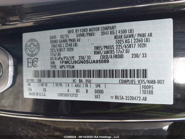 Продажа на аукционе авто 2025 Ford Escape Active, vin: 1FMCU9GN0SUA95089, номер лота: 12385024