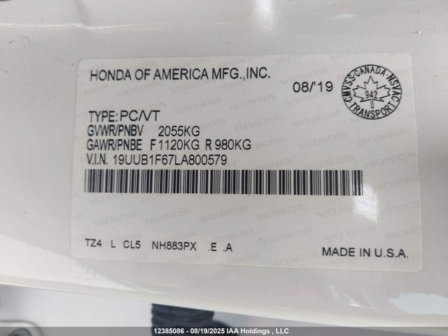 Acura k24w7 2020 19UUB1F67LA800579 Image 9