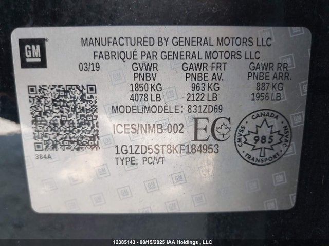 1G1ZD5ST8KF184953 Chevrolet lfv - direct injection, variable valve timing, gen 1