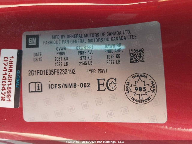 Chevrolet lfx 2015 2G1FD1E35F9233192 Image 19