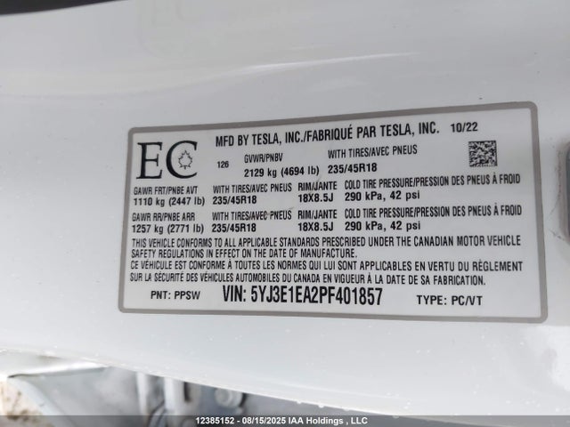 5YJ3E1EA2PF401857 Tesla MODEL 3