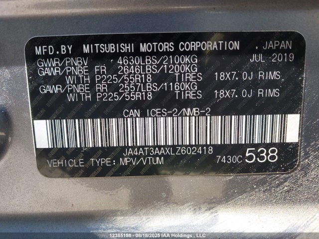 Mitsubishi tc/ic mivec 2020 JA4AT3AAXLZ602418 Image 9