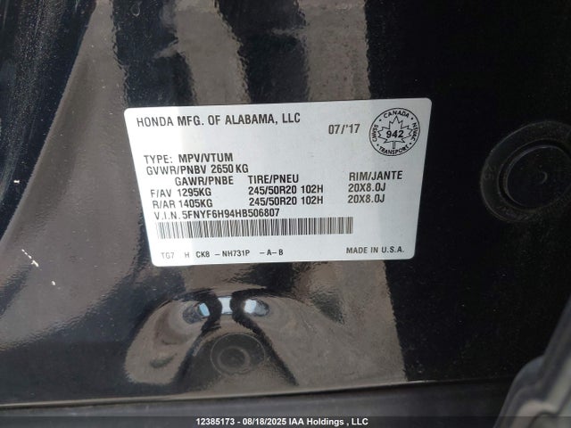 Honda j35y6 2017 5FNYF6H94HB506807 Image 9