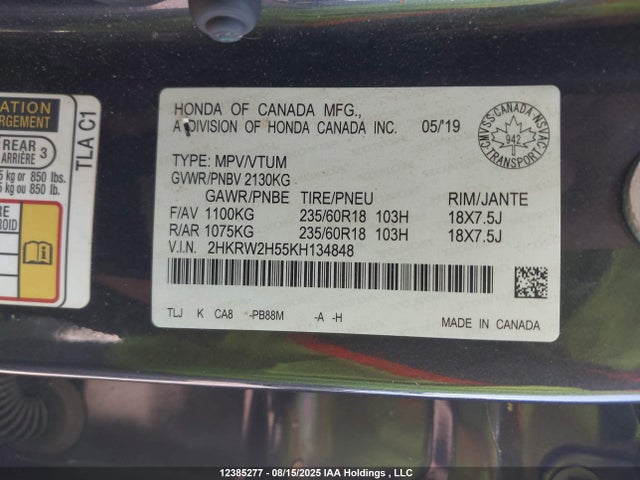 Honda l15be 2019 2HKRW2H55KH134848 Image 9