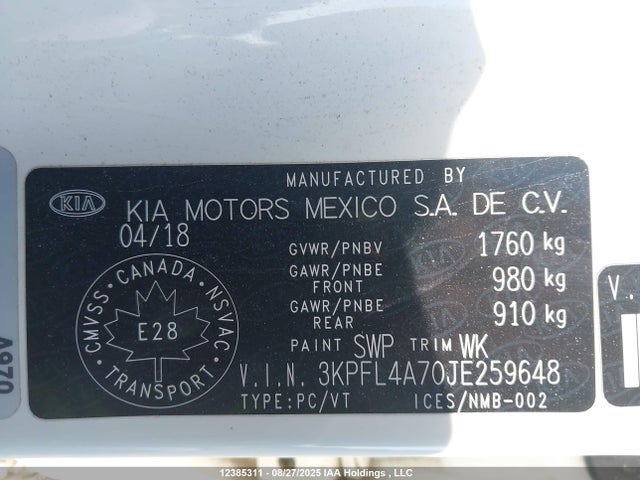 3KPFL4A70JE259648 KIA mpi nu