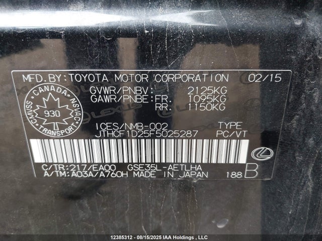 Lexus 4gr-fse 2015 JTHCF1D25F5025287 Image 9