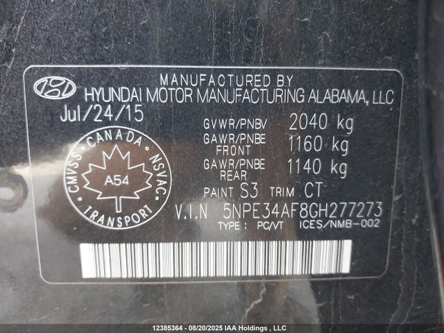 5NPE34AF8GH277273 Hyundai dohc gdi theta-ii