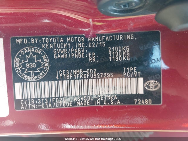 4T1BF1FK6FU927295 Toyota 2ar-fe