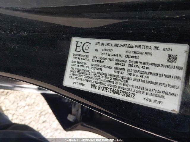 5YJ3E1EA5MF020872 Tesla MODEL 3