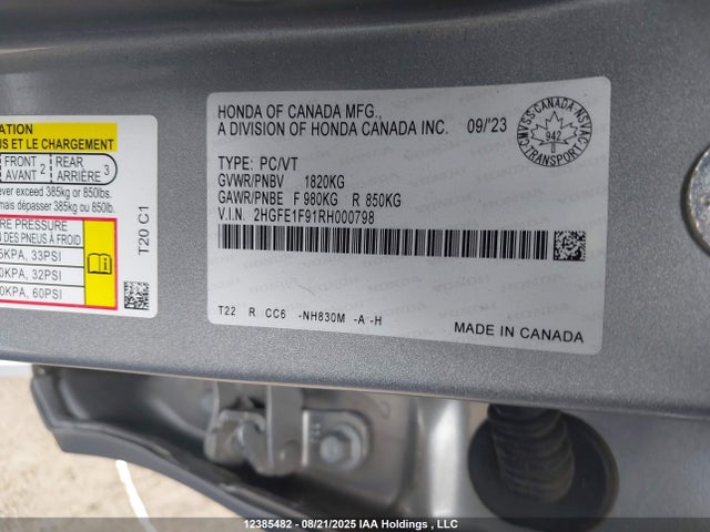 Honda l15b7 2024 2HGFE1F91RH000798 Image 9
